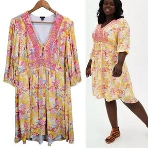 🌼 Torrid Yellow Floral V-Neck Midi Dress – Worn Once 🌼